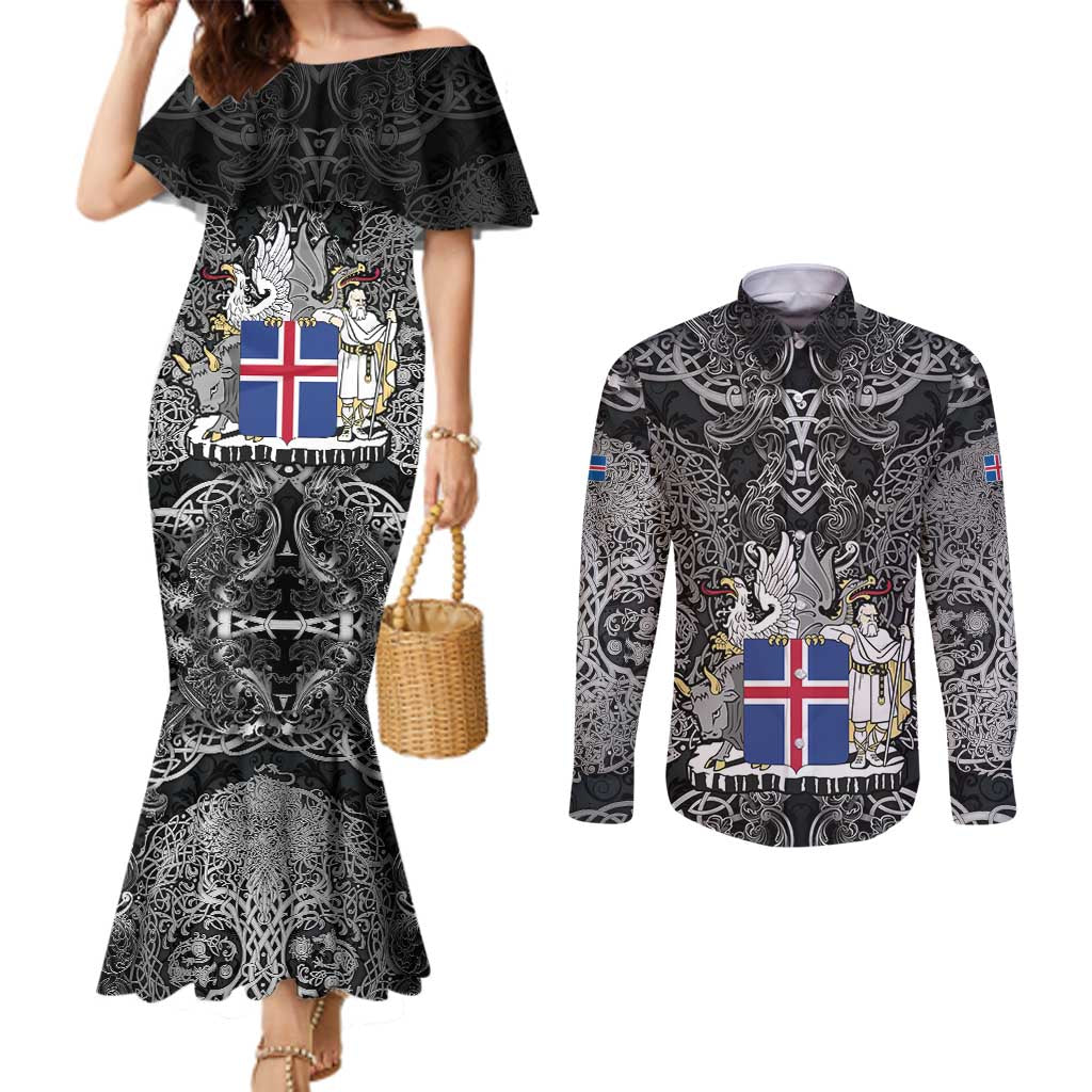 Icelandic Coat of Arms Couples Matching Mermaid Dress and Long Sleeve Button Shirt Viking Knotwork and National Flag Design