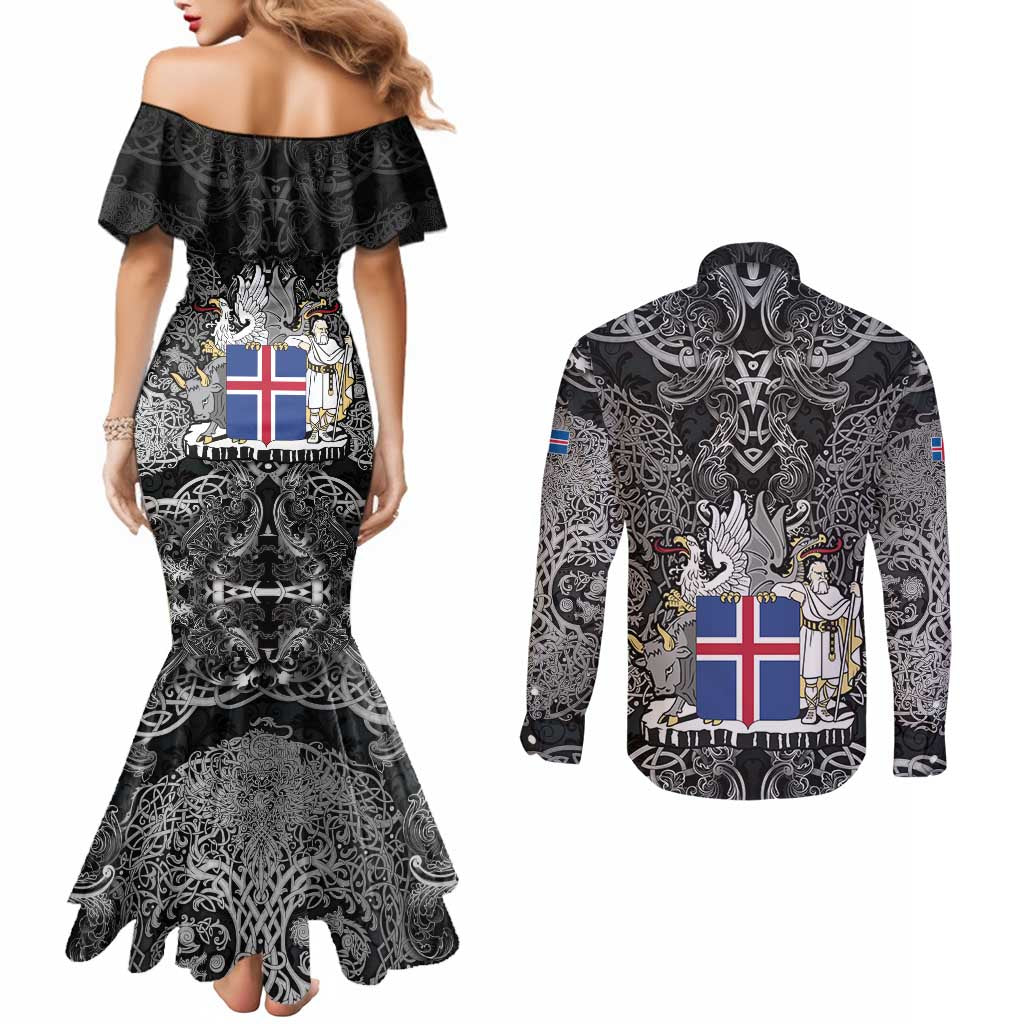 Icelandic Coat of Arms Couples Matching Mermaid Dress and Long Sleeve Button Shirt Viking Knotwork and National Flag Design