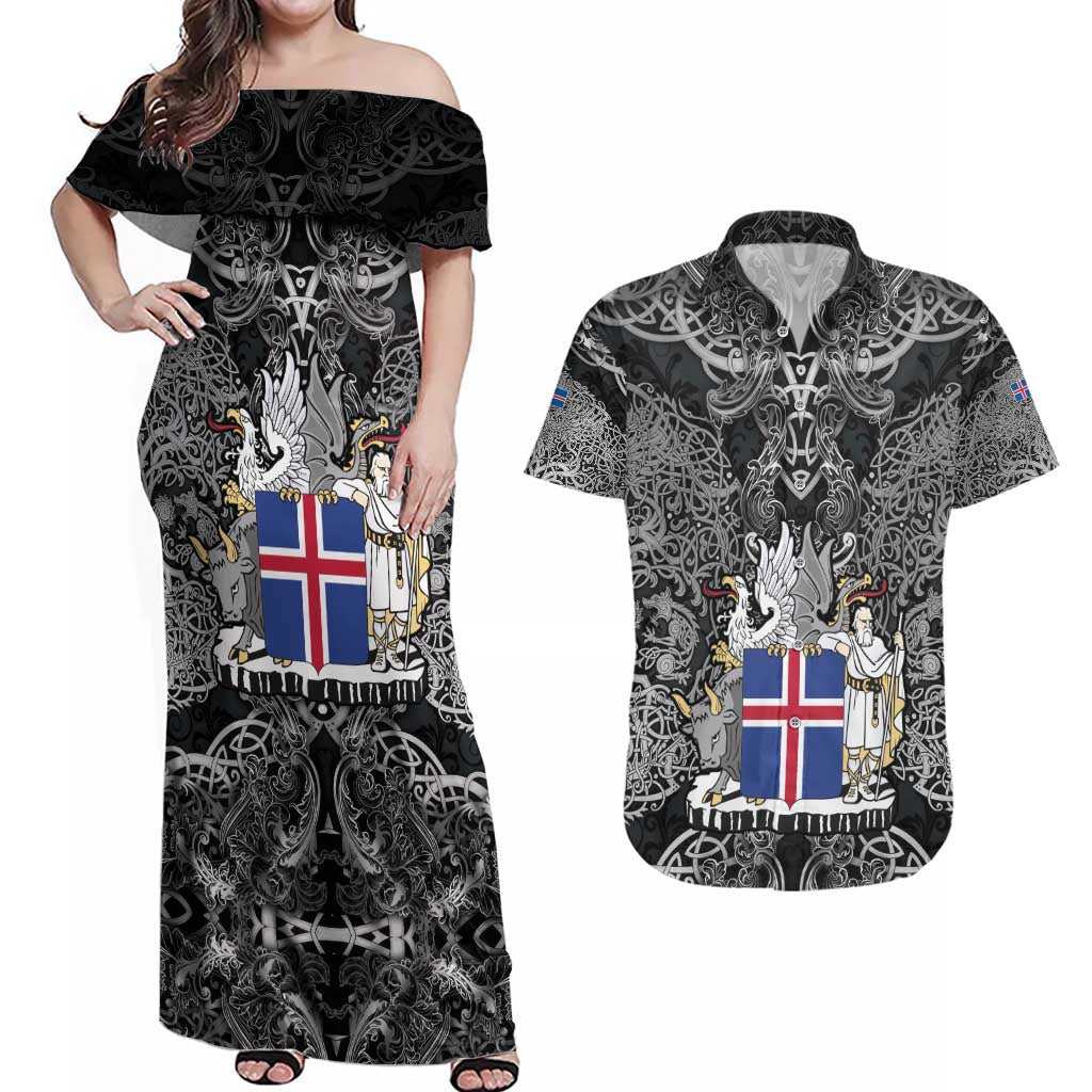 Icelandic Coat of Arms Couples Matching Off Shoulder Maxi Dress and Hawaiian Shirt Viking Knotwork and National Flag Design