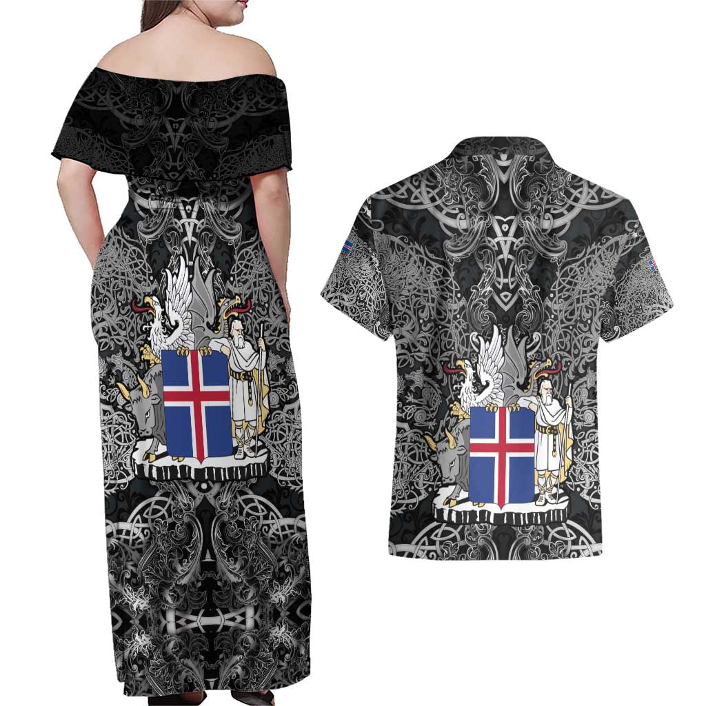 Icelandic Coat of Arms Couples Matching Off Shoulder Maxi Dress and Hawaiian Shirt Viking Knotwork and National Flag Design