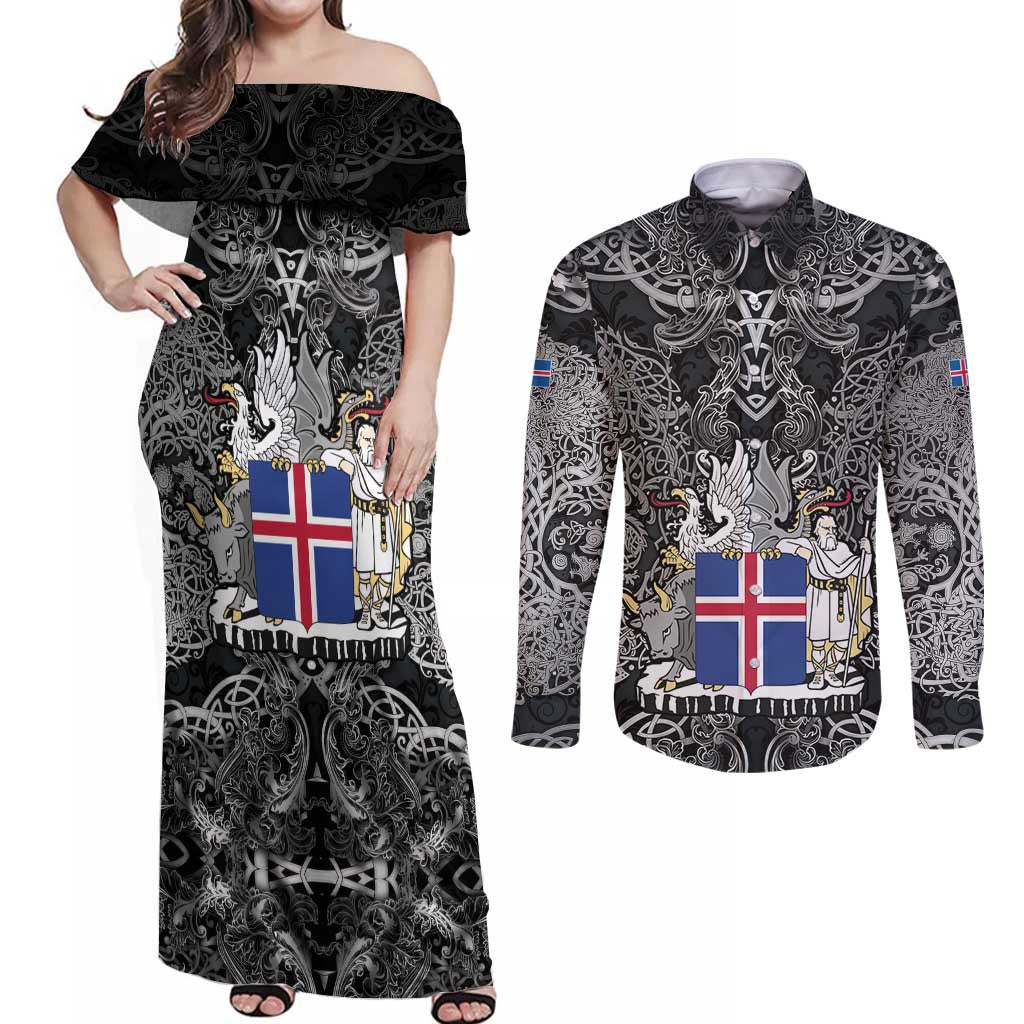 Icelandic Coat of Arms Couples Matching Off Shoulder Maxi Dress and Long Sleeve Button Shirt Viking Knotwork and National Flag Design