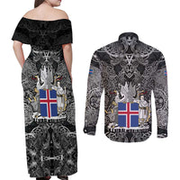 Icelandic Coat of Arms Couples Matching Off Shoulder Maxi Dress and Long Sleeve Button Shirt Viking Knotwork and National Flag Design