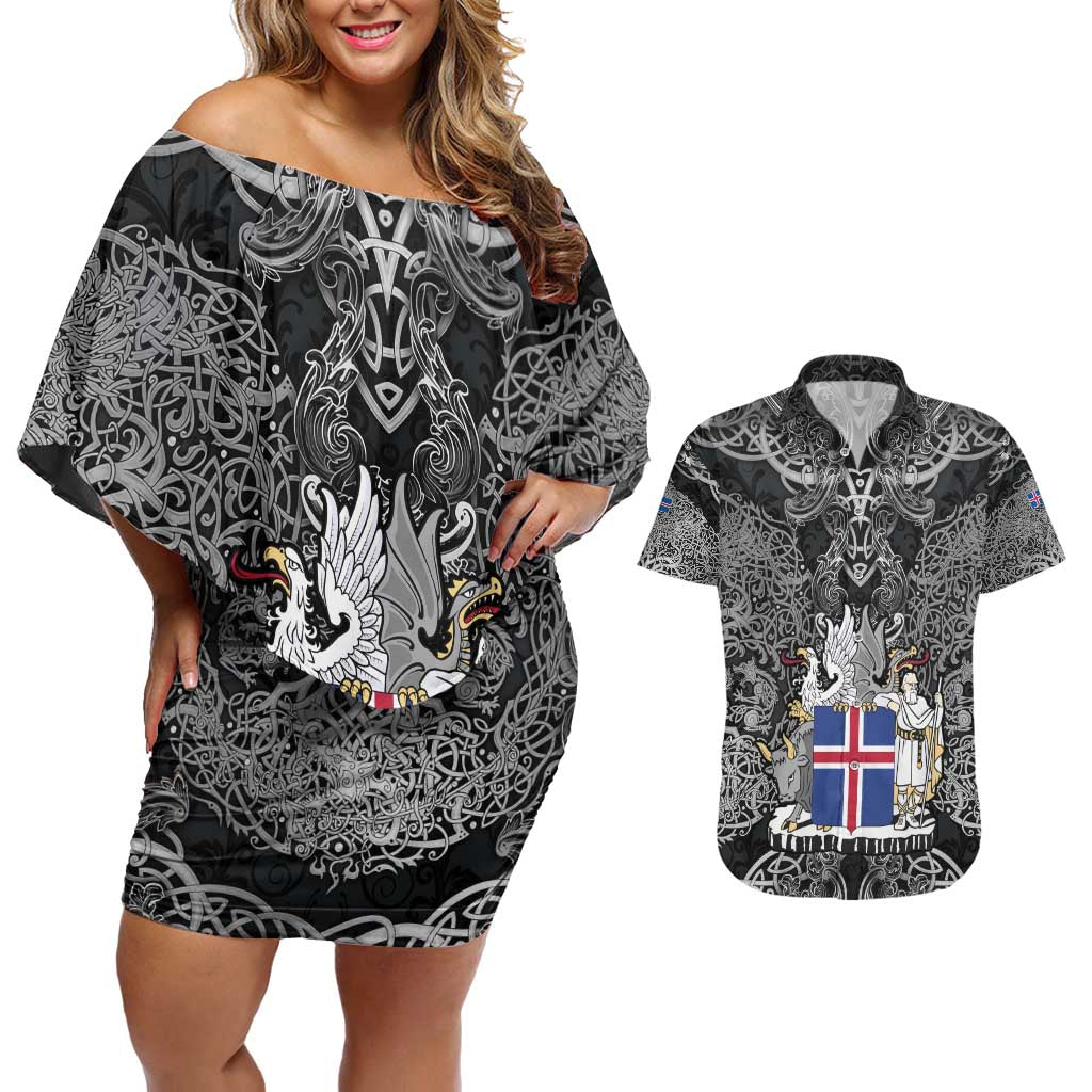 Icelandic Coat of Arms Couples Matching Off Shoulder Short Dress and Hawaiian Shirt Viking Knotwork and National Flag Design