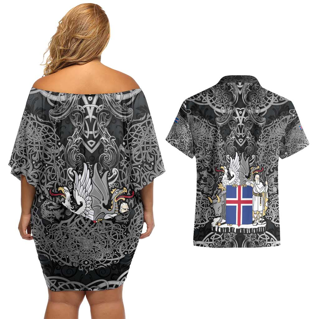 Icelandic Coat of Arms Couples Matching Off Shoulder Short Dress and Hawaiian Shirt Viking Knotwork and National Flag Design