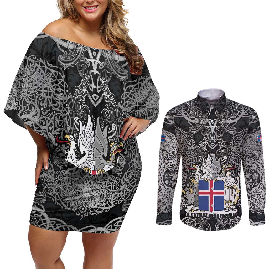 Icelandic Coat of Arms Couples Matching Off Shoulder Short Dress and Long Sleeve Button Shirt Viking Knotwork and National Flag Design
