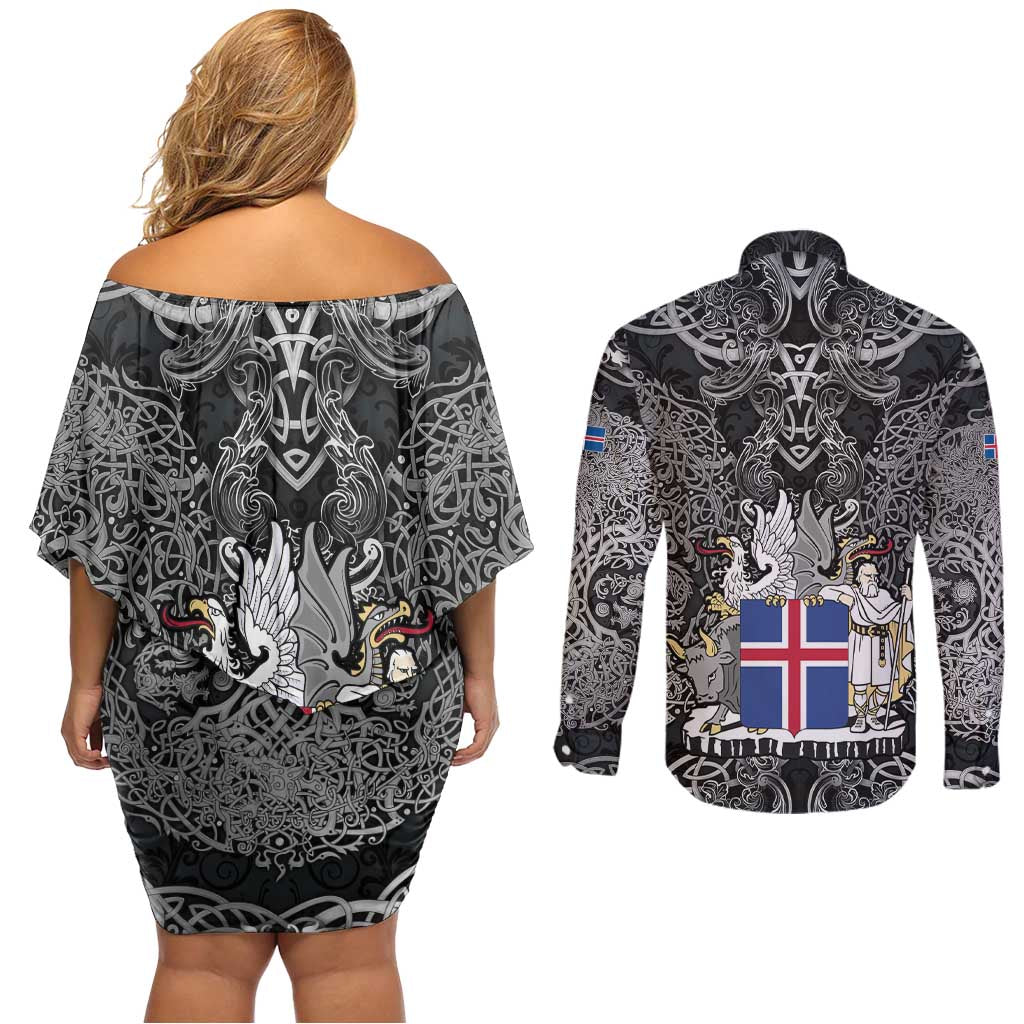 Icelandic Coat of Arms Couples Matching Off Shoulder Short Dress and Long Sleeve Button Shirt Viking Knotwork and National Flag Design
