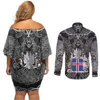 Icelandic Coat of Arms Couples Matching Off Shoulder Short Dress and Long Sleeve Button Shirt Viking Knotwork and National Flag Design