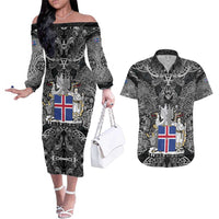 Icelandic Coat of Arms Couples Matching Off The Shoulder Long Sleeve Dress and Hawaiian Shirt Viking Knotwork and National Flag Design