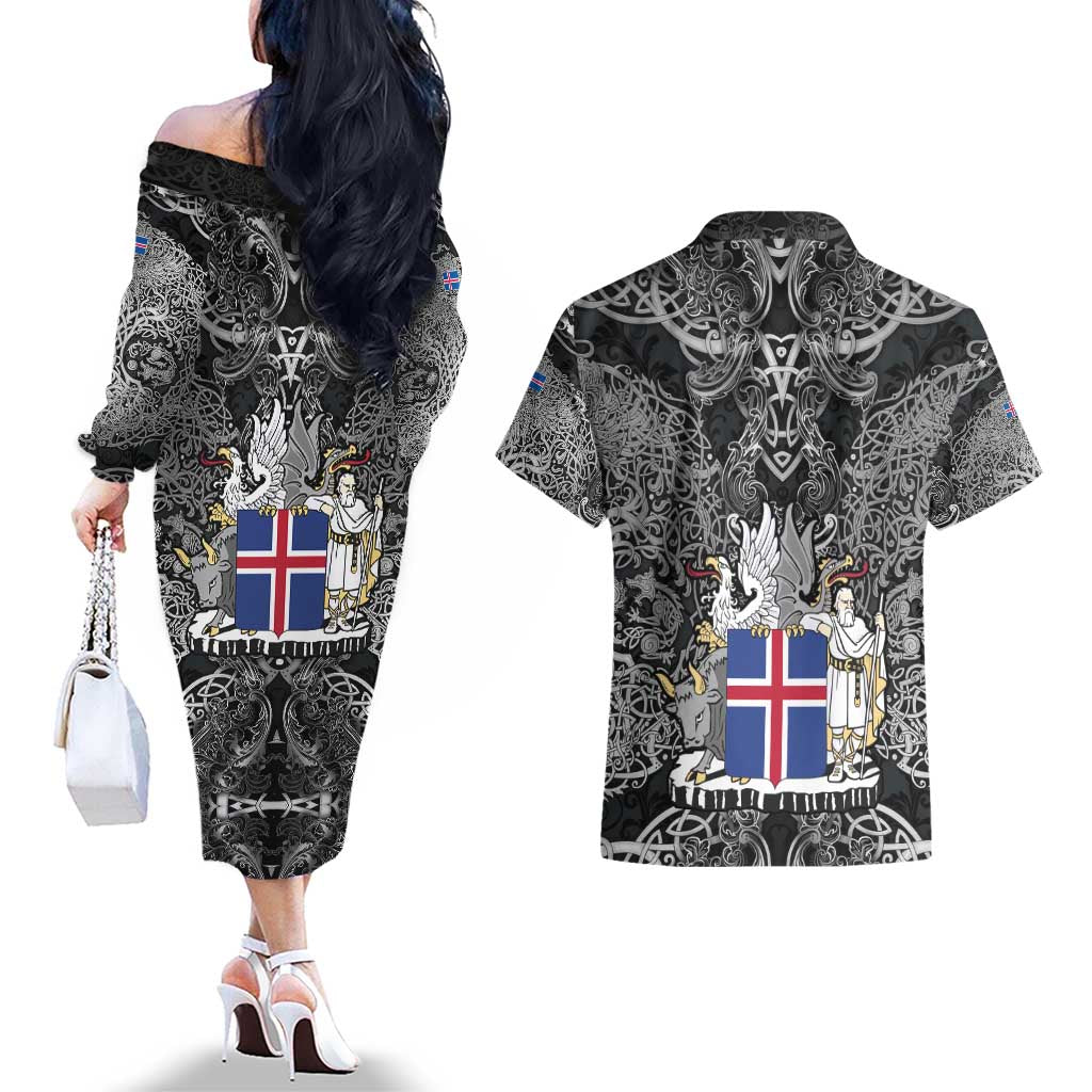 Icelandic Coat of Arms Couples Matching Off The Shoulder Long Sleeve Dress and Hawaiian Shirt Viking Knotwork and National Flag Design