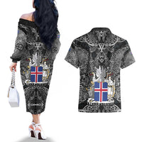 Icelandic Coat of Arms Couples Matching Off The Shoulder Long Sleeve Dress and Hawaiian Shirt Viking Knotwork and National Flag Design