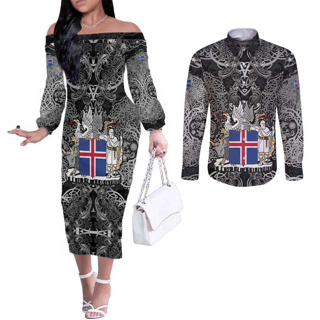 Icelandic Coat of Arms Couples Matching Off The Shoulder Long Sleeve Dress and Long Sleeve Button Shirt Viking Knotwork and National Flag Design