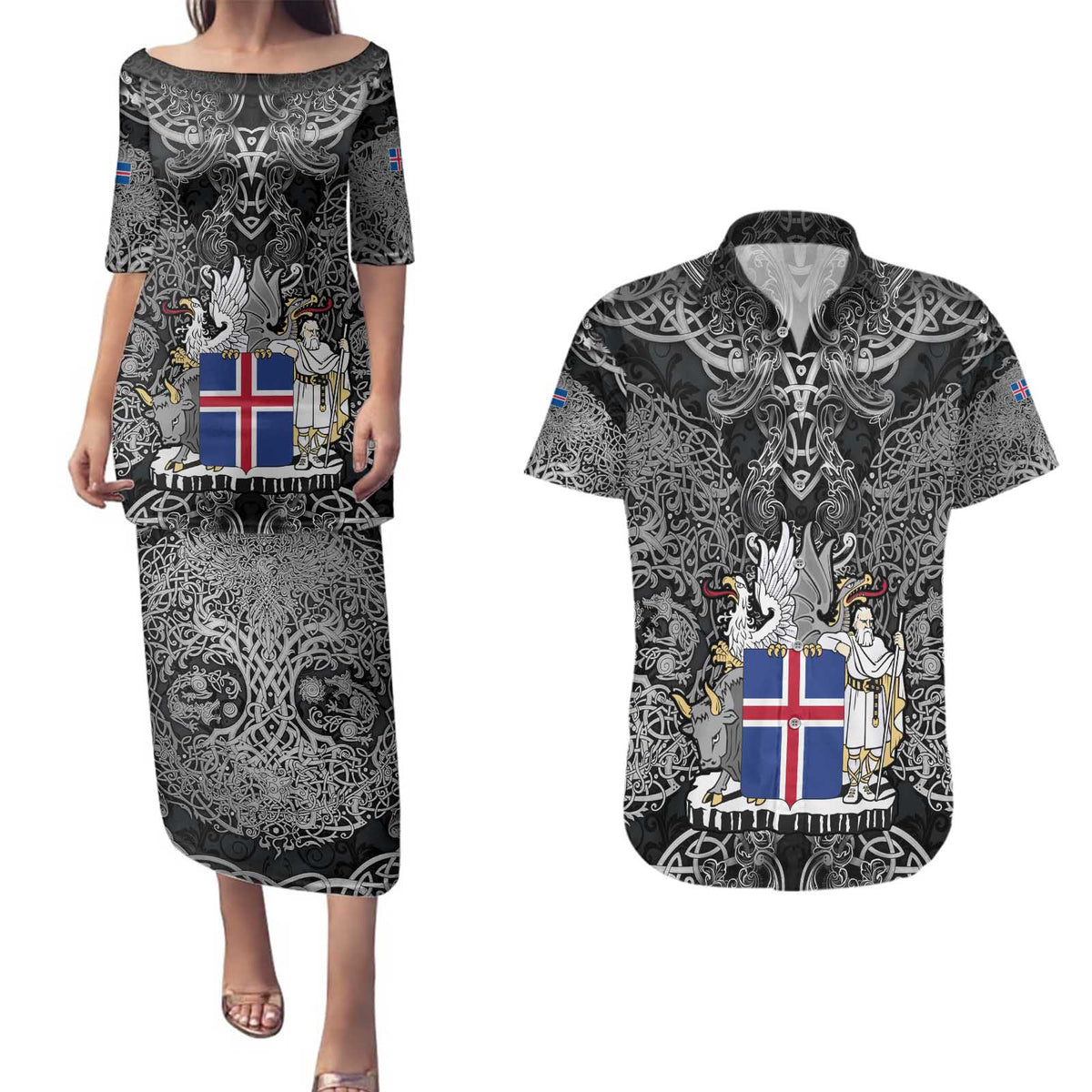 Icelandic Coat of Arms Couples Matching Puletasi and Hawaiian Shirt Viking Knotwork and National Flag Design