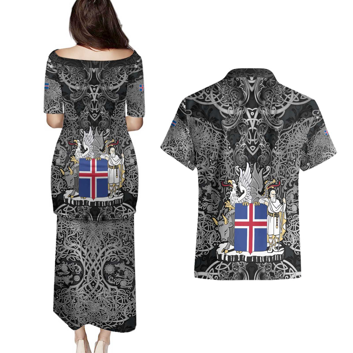Icelandic Coat of Arms Couples Matching Puletasi and Hawaiian Shirt Viking Knotwork and National Flag Design