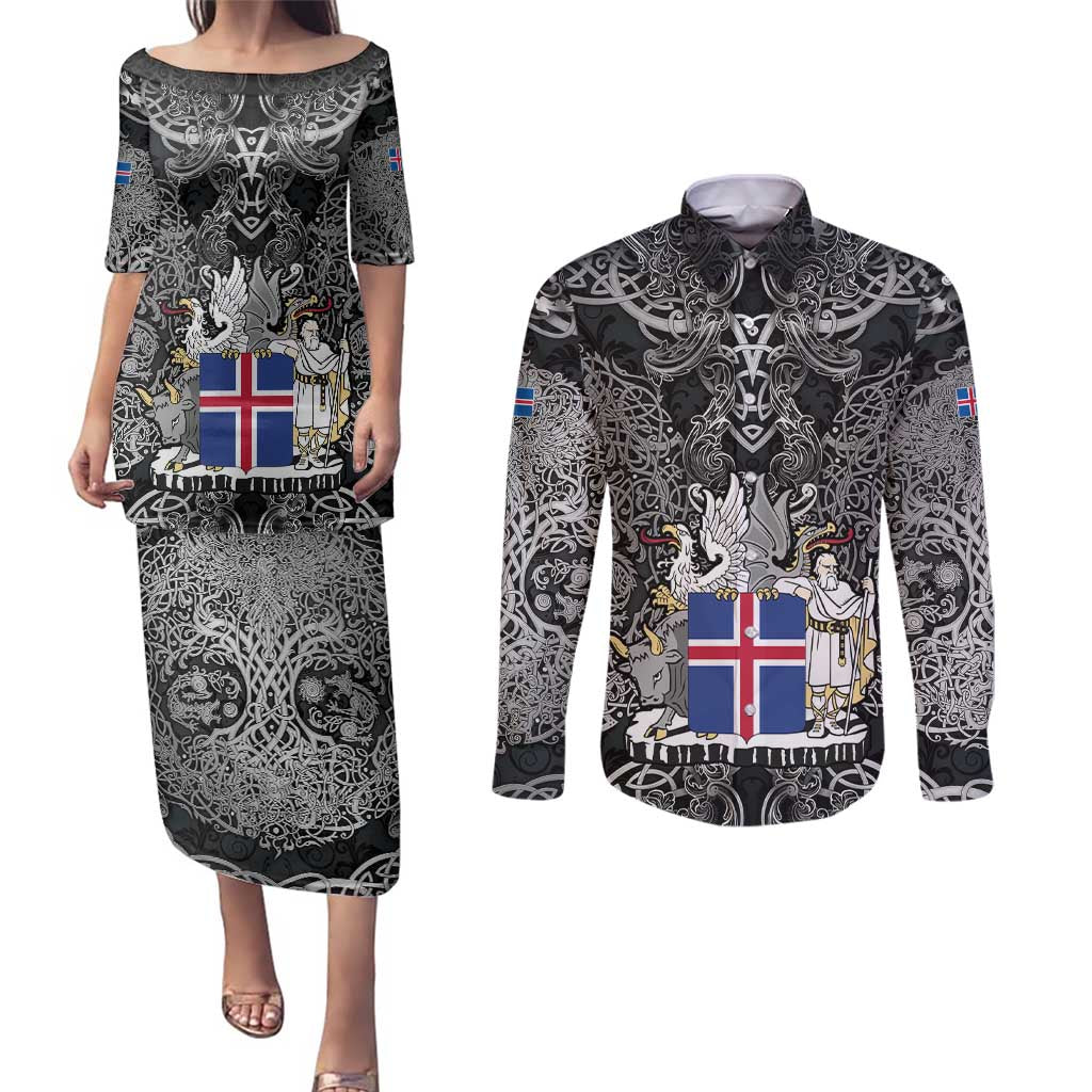 Icelandic Coat of Arms Couples Matching Puletasi and Long Sleeve Button Shirt Viking Knotwork and National Flag Design