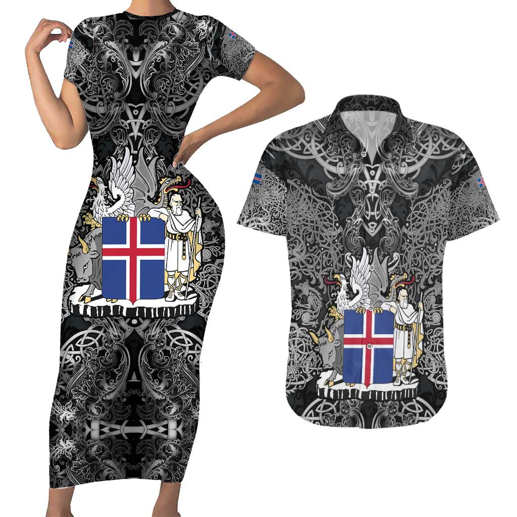 Icelandic Coat of Arms Couples Matching Short Sleeve Bodycon Dress and Hawaiian Shirt Viking Knotwork and National Flag Design