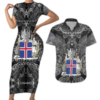 Icelandic Coat of Arms Couples Matching Short Sleeve Bodycon Dress and Hawaiian Shirt Viking Knotwork and National Flag Design