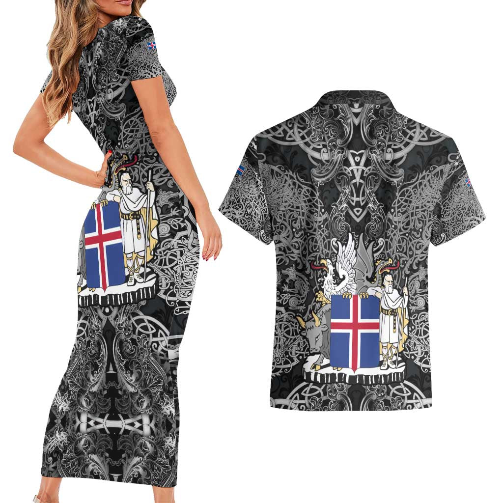 Icelandic Coat of Arms Couples Matching Short Sleeve Bodycon Dress and Hawaiian Shirt Viking Knotwork and National Flag Design