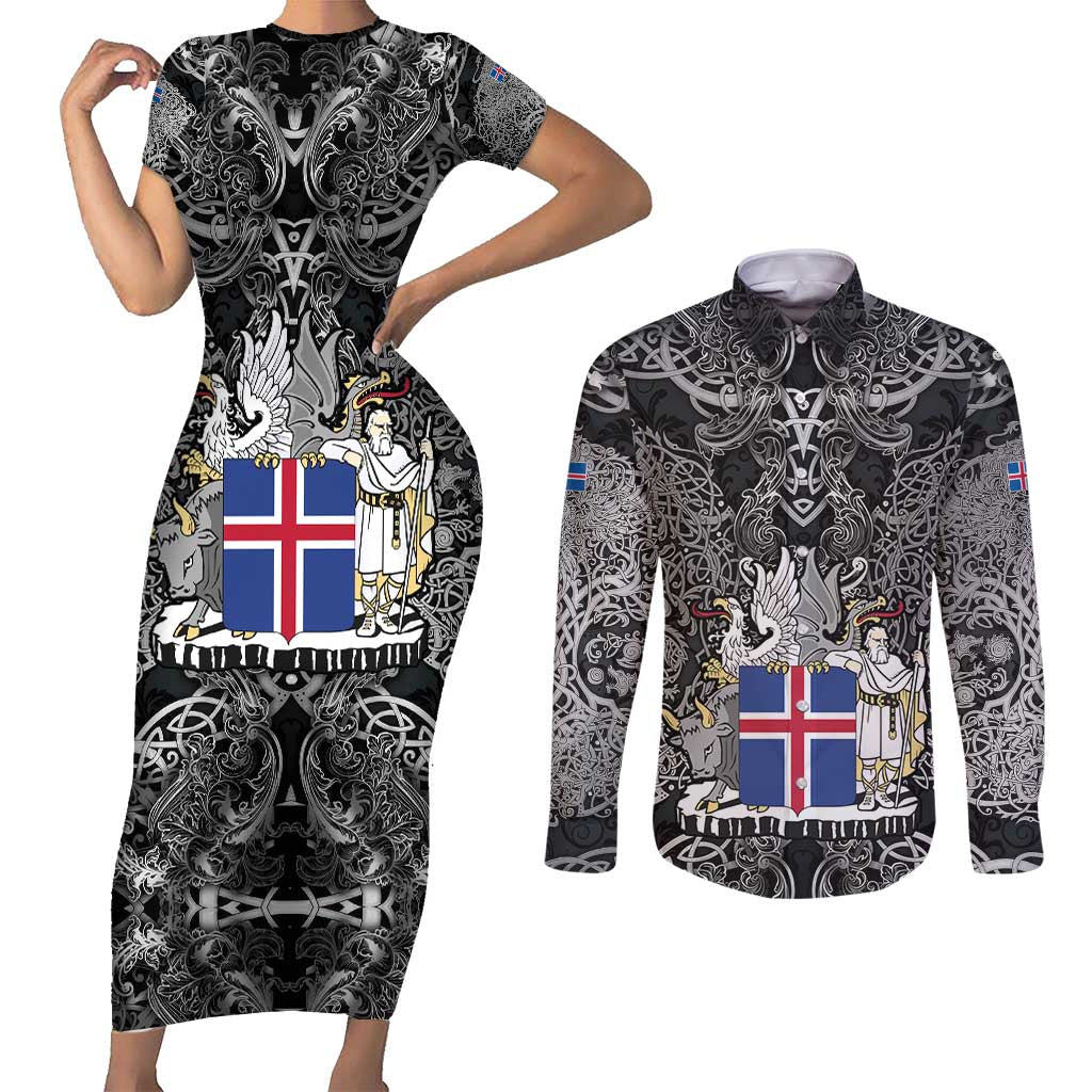 Icelandic Coat of Arms Couples Matching Short Sleeve Bodycon Dress and Long Sleeve Button Shirt Viking Knotwork and National Flag Design