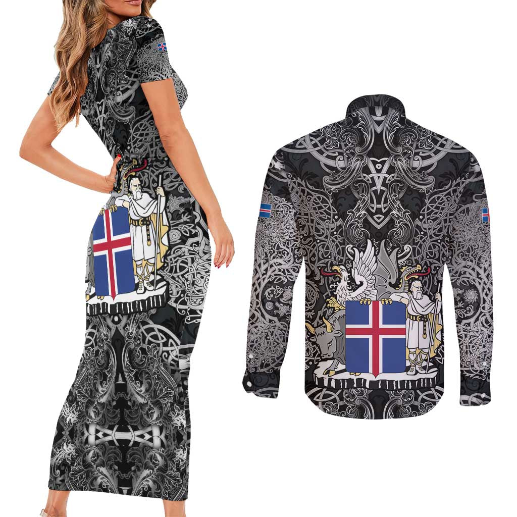 Icelandic Coat of Arms Couples Matching Short Sleeve Bodycon Dress and Long Sleeve Button Shirt Viking Knotwork and National Flag Design