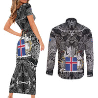 Icelandic Coat of Arms Couples Matching Short Sleeve Bodycon Dress and Long Sleeve Button Shirt Viking Knotwork and National Flag Design