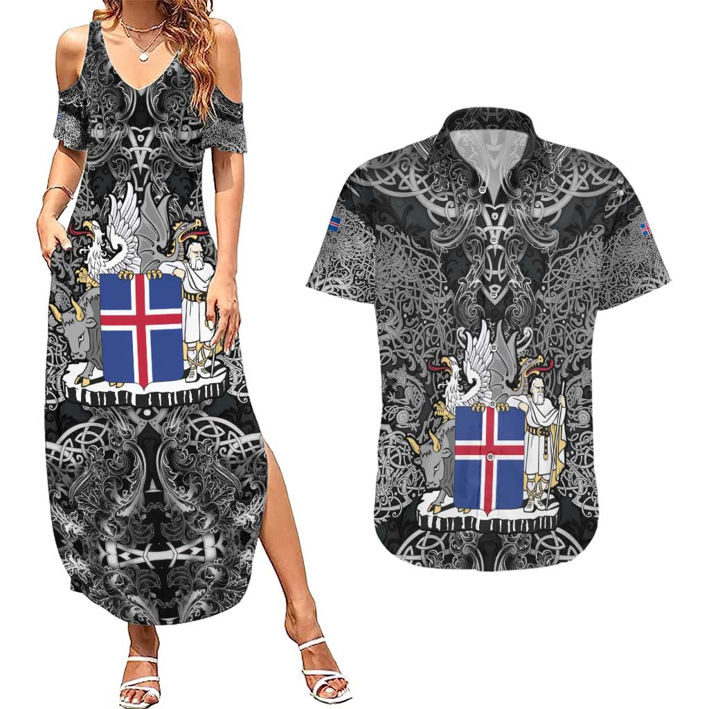 Icelandic Coat of Arms Couples Matching Summer Maxi Dress and Hawaiian Shirt Viking Knotwork and National Flag Design