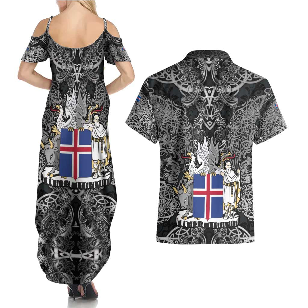 Icelandic Coat of Arms Couples Matching Summer Maxi Dress and Hawaiian Shirt Viking Knotwork and National Flag Design