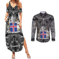 Icelandic Coat of Arms Couples Matching Summer Maxi Dress and Long Sleeve Button Shirt Viking Knotwork and National Flag Design
