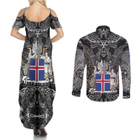 Icelandic Coat of Arms Couples Matching Summer Maxi Dress and Long Sleeve Button Shirt Viking Knotwork and National Flag Design