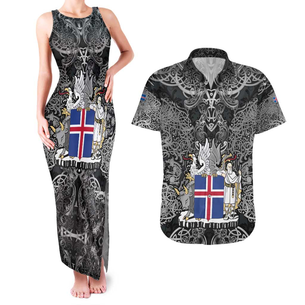 Icelandic Coat of Arms Couples Matching Tank Maxi Dress and Hawaiian Shirt Viking Knotwork and National Flag Design
