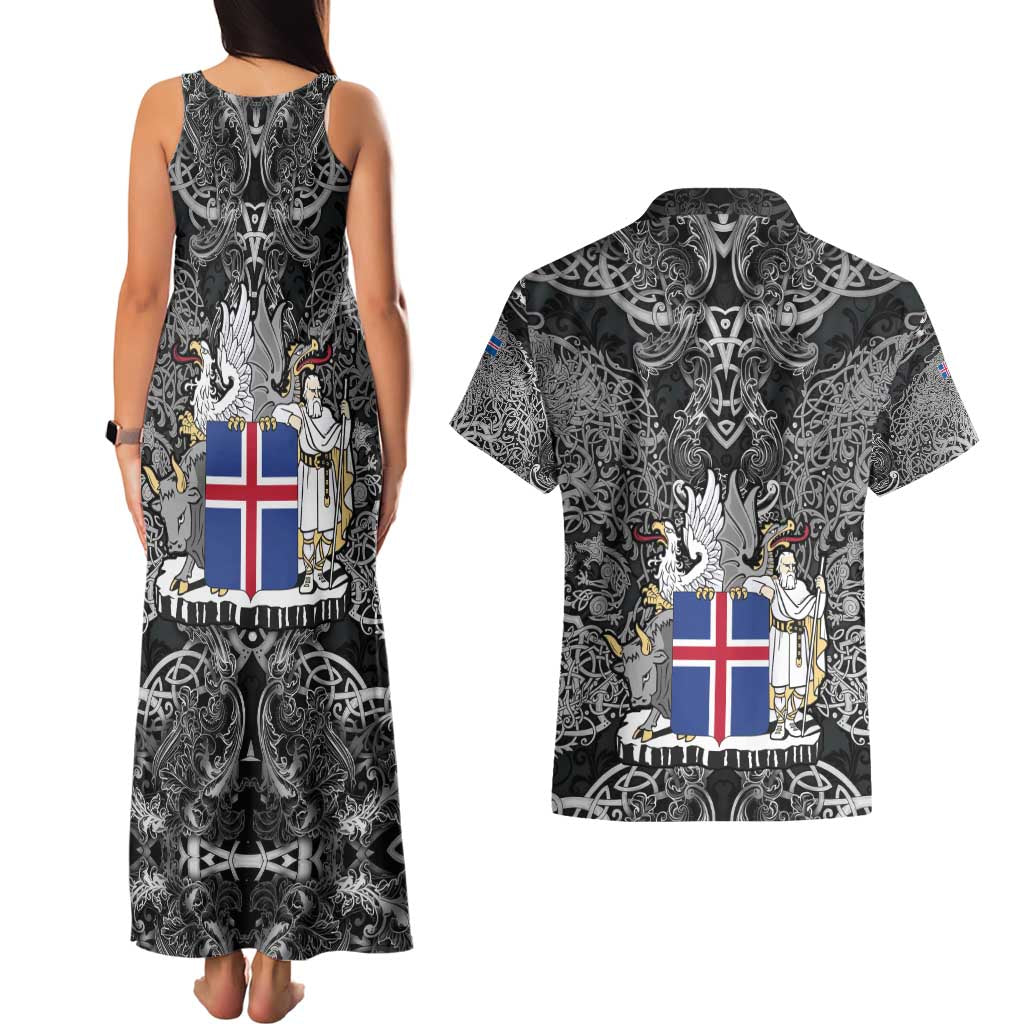 Icelandic Coat of Arms Couples Matching Tank Maxi Dress and Hawaiian Shirt Viking Knotwork and National Flag Design