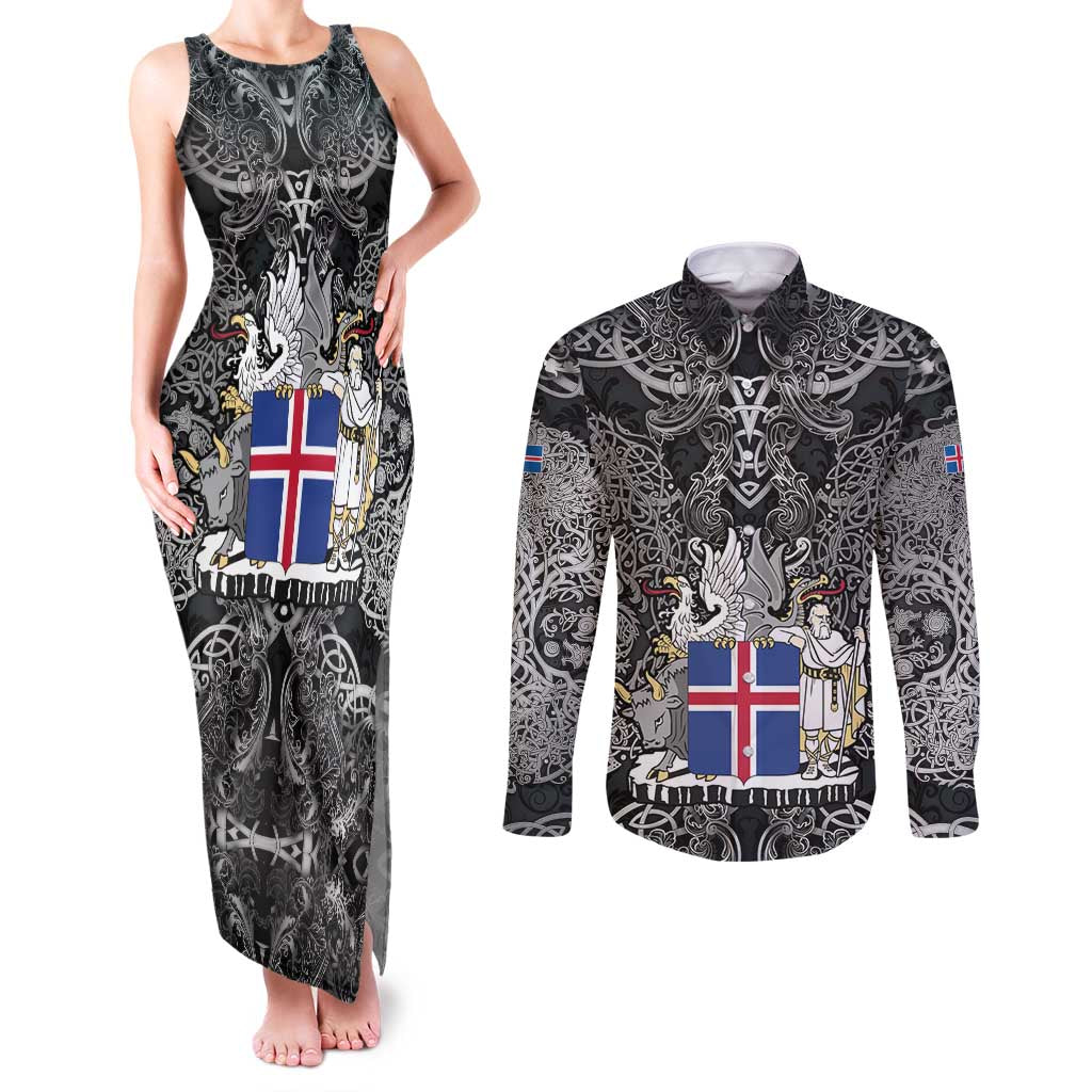 Icelandic Coat of Arms Couples Matching Tank Maxi Dress and Long Sleeve Button Shirt Viking Knotwork and National Flag Design