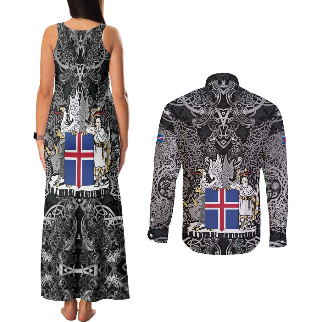 Icelandic Coat of Arms Couples Matching Tank Maxi Dress and Long Sleeve Button Shirt Viking Knotwork and National Flag Design
