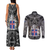 Icelandic Coat of Arms Couples Matching Tank Maxi Dress and Long Sleeve Button Shirt Viking Knotwork and National Flag Design