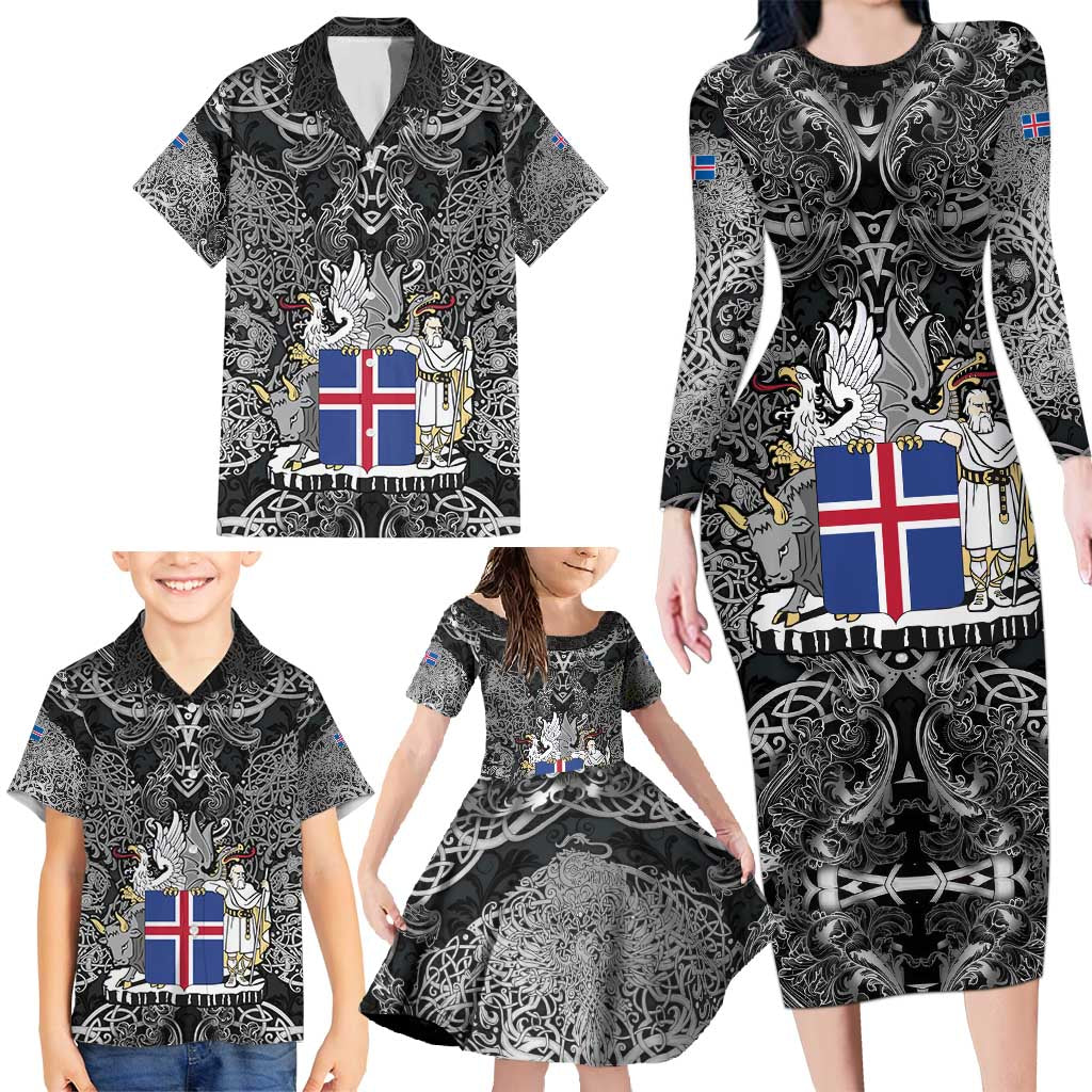 Icelandic Coat of Arms Family Matching Long Sleeve Bodycon Dress and Hawaiian Shirt Viking Knotwork and National Flag Design