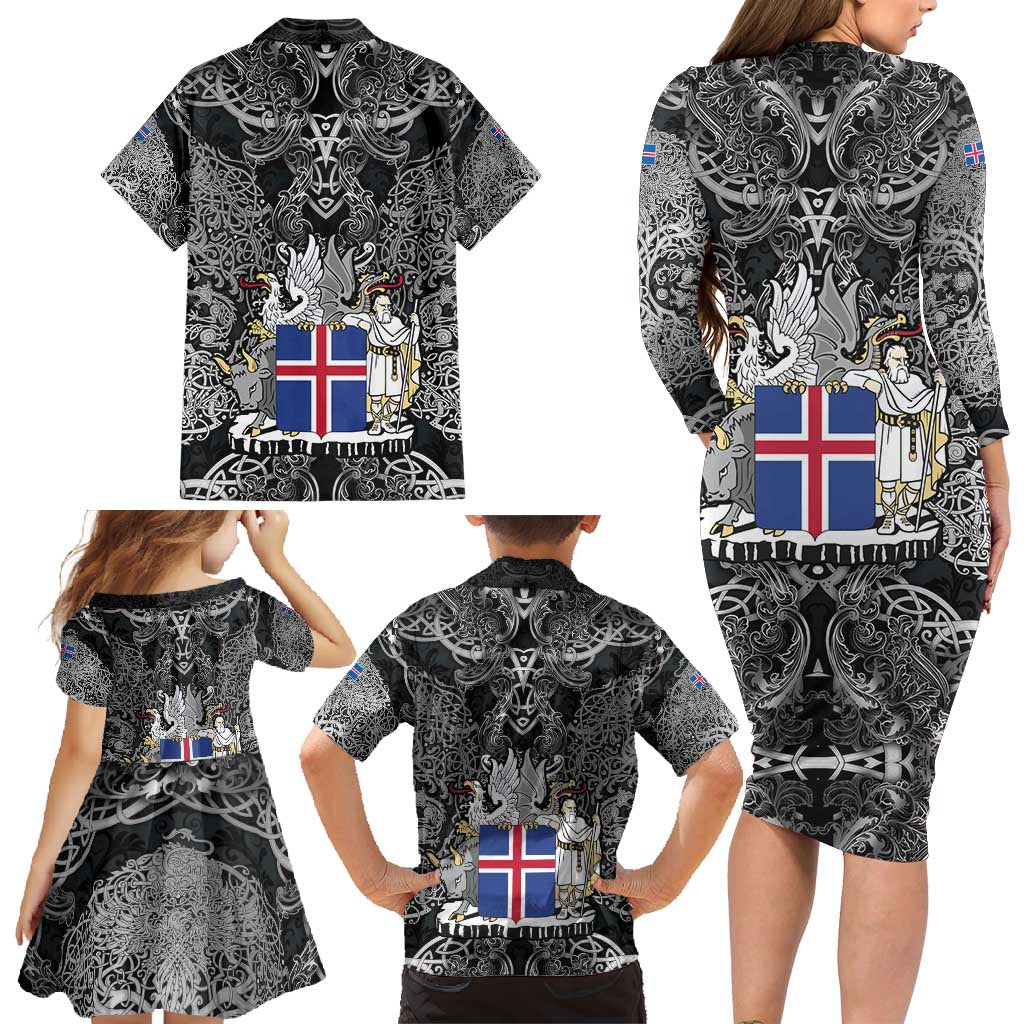 Icelandic Coat of Arms Family Matching Long Sleeve Bodycon Dress and Hawaiian Shirt Viking Knotwork and National Flag Design