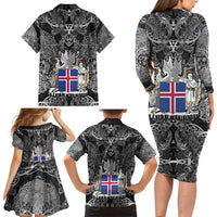 Icelandic Coat of Arms Family Matching Long Sleeve Bodycon Dress and Hawaiian Shirt Viking Knotwork and National Flag Design