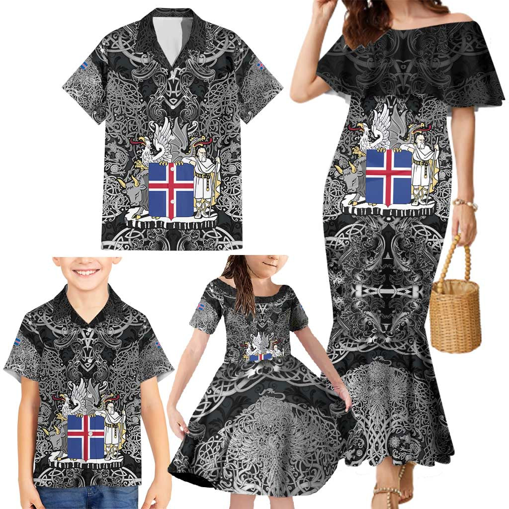 Icelandic Coat of Arms Family Matching Mermaid Dress and Hawaiian Shirt Viking Knotwork and National Flag Design