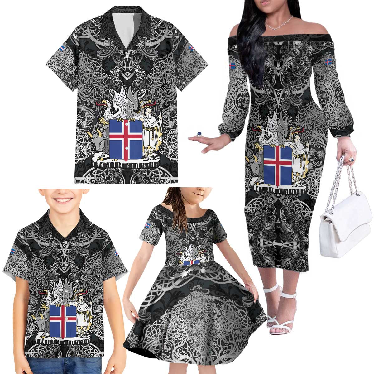 Icelandic Coat of Arms Family Matching Off The Shoulder Long Sleeve Dress and Hawaiian Shirt Viking Knotwork and National Flag Design