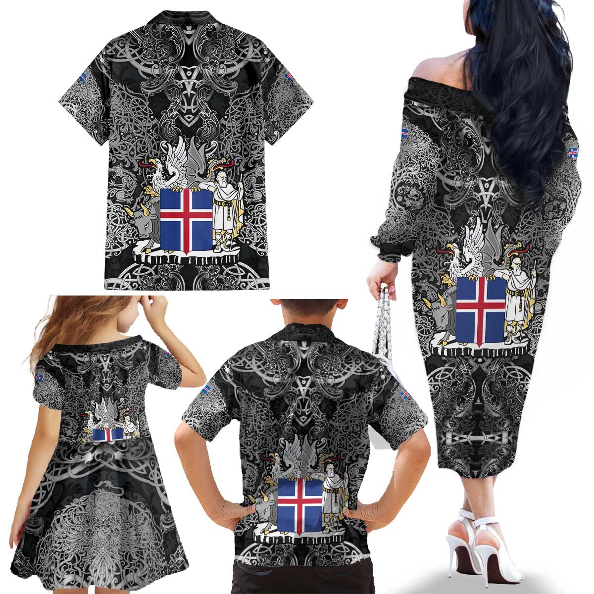 Icelandic Coat of Arms Family Matching Off The Shoulder Long Sleeve Dress and Hawaiian Shirt Viking Knotwork and National Flag Design