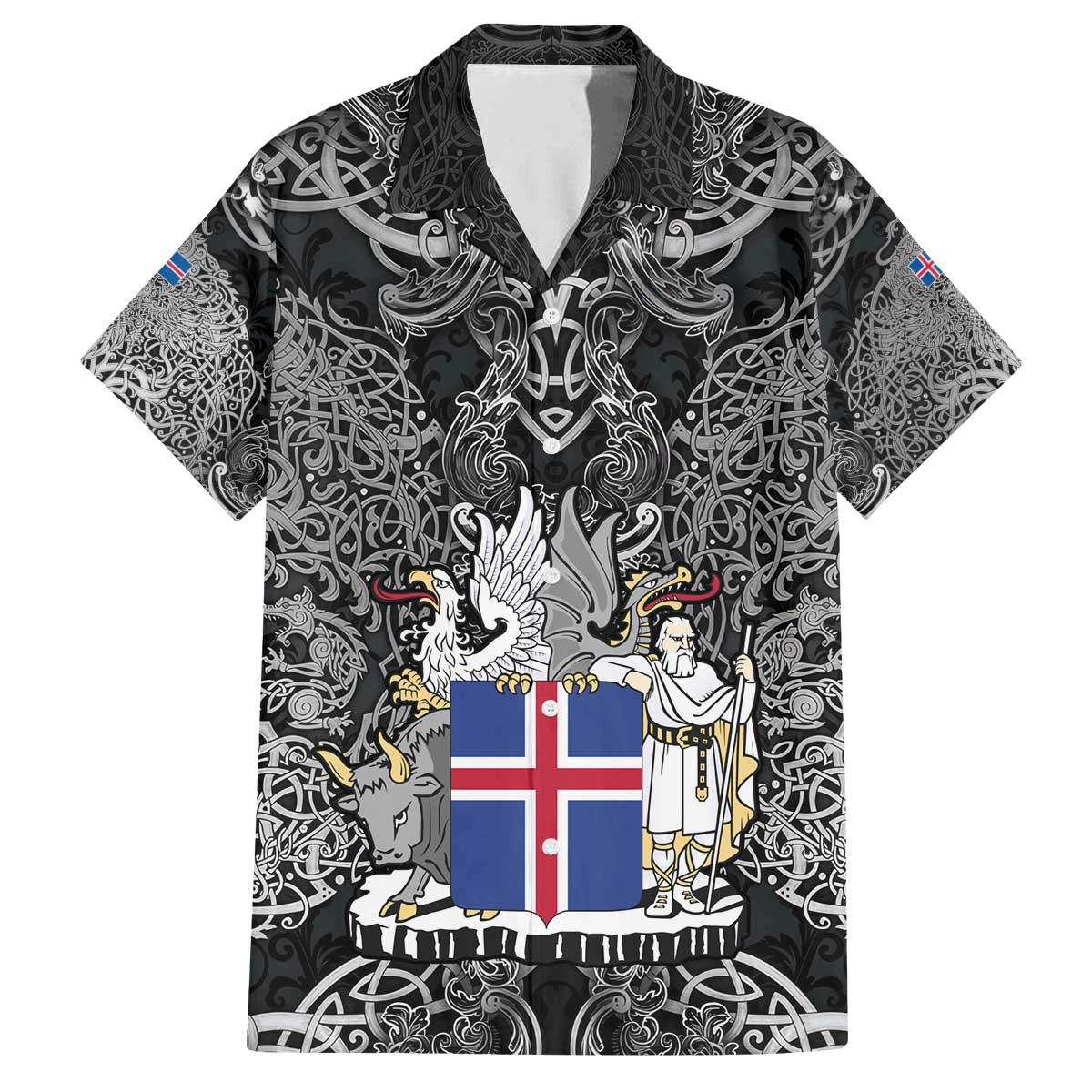 Icelandic Coat of Arms Family Matching Off The Shoulder Long Sleeve Dress and Hawaiian Shirt Viking Knotwork and National Flag Design