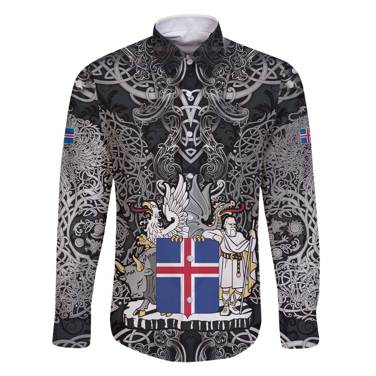 Icelandic Coat of Arms Family Matching Off The Shoulder Long Sleeve Dress and Hawaiian Shirt Viking Knotwork and National Flag Design