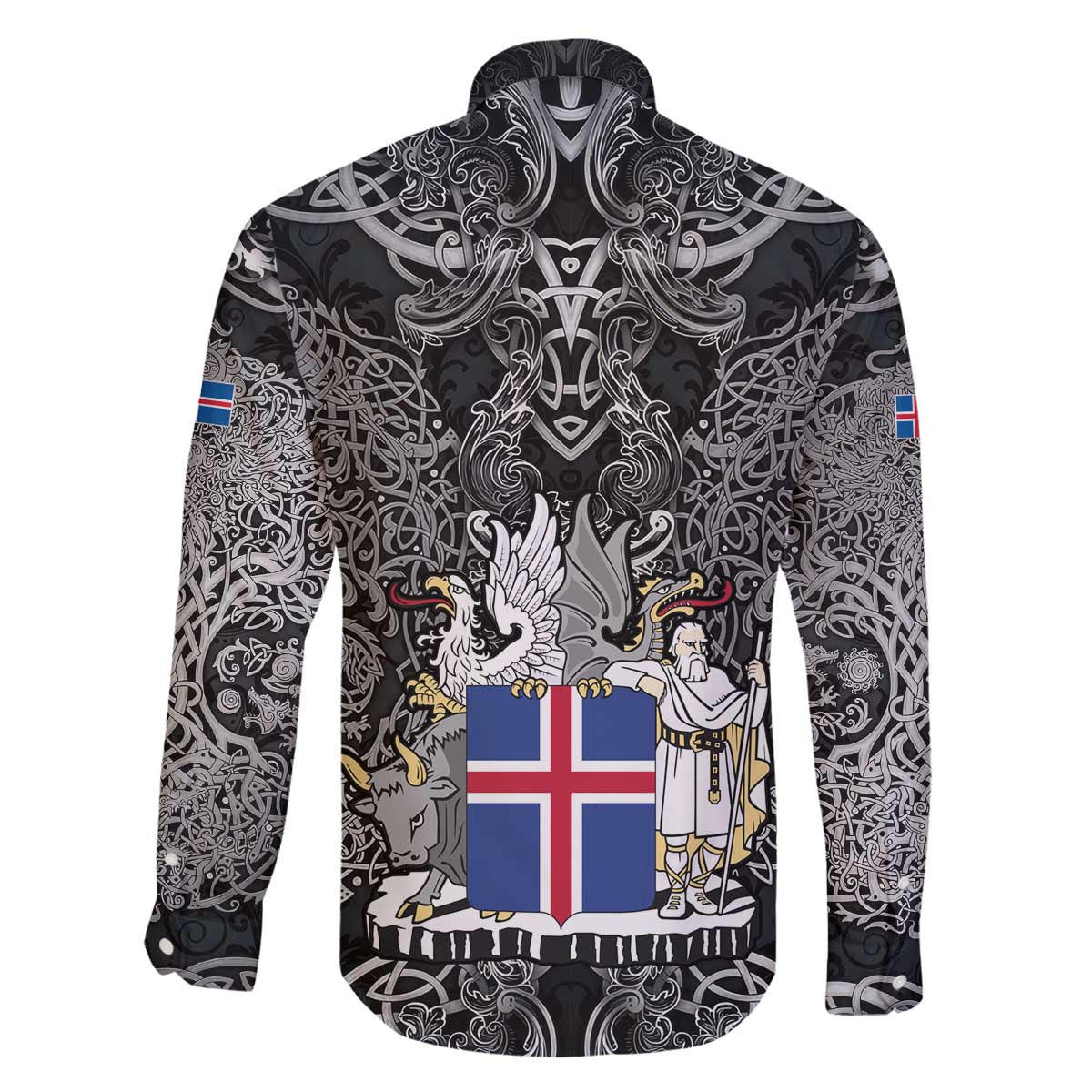 Icelandic Coat of Arms Family Matching Off The Shoulder Long Sleeve Dress and Hawaiian Shirt Viking Knotwork and National Flag Design