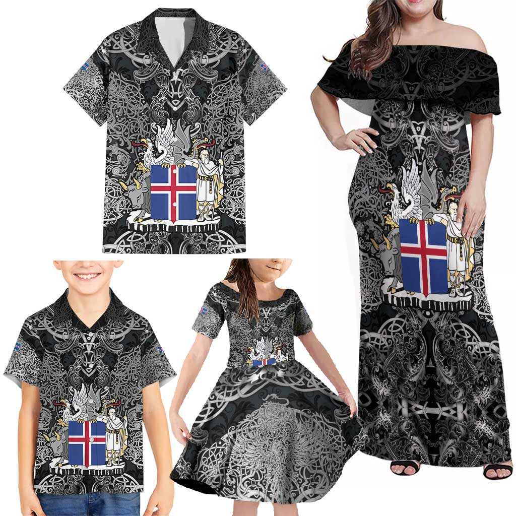 Icelandic Coat of Arms Family Matching Off Shoulder Maxi Dress and Hawaiian Shirt Viking Knotwork and National Flag Design