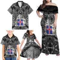 Icelandic Coat of Arms Family Matching Off Shoulder Maxi Dress and Hawaiian Shirt Viking Knotwork and National Flag Design