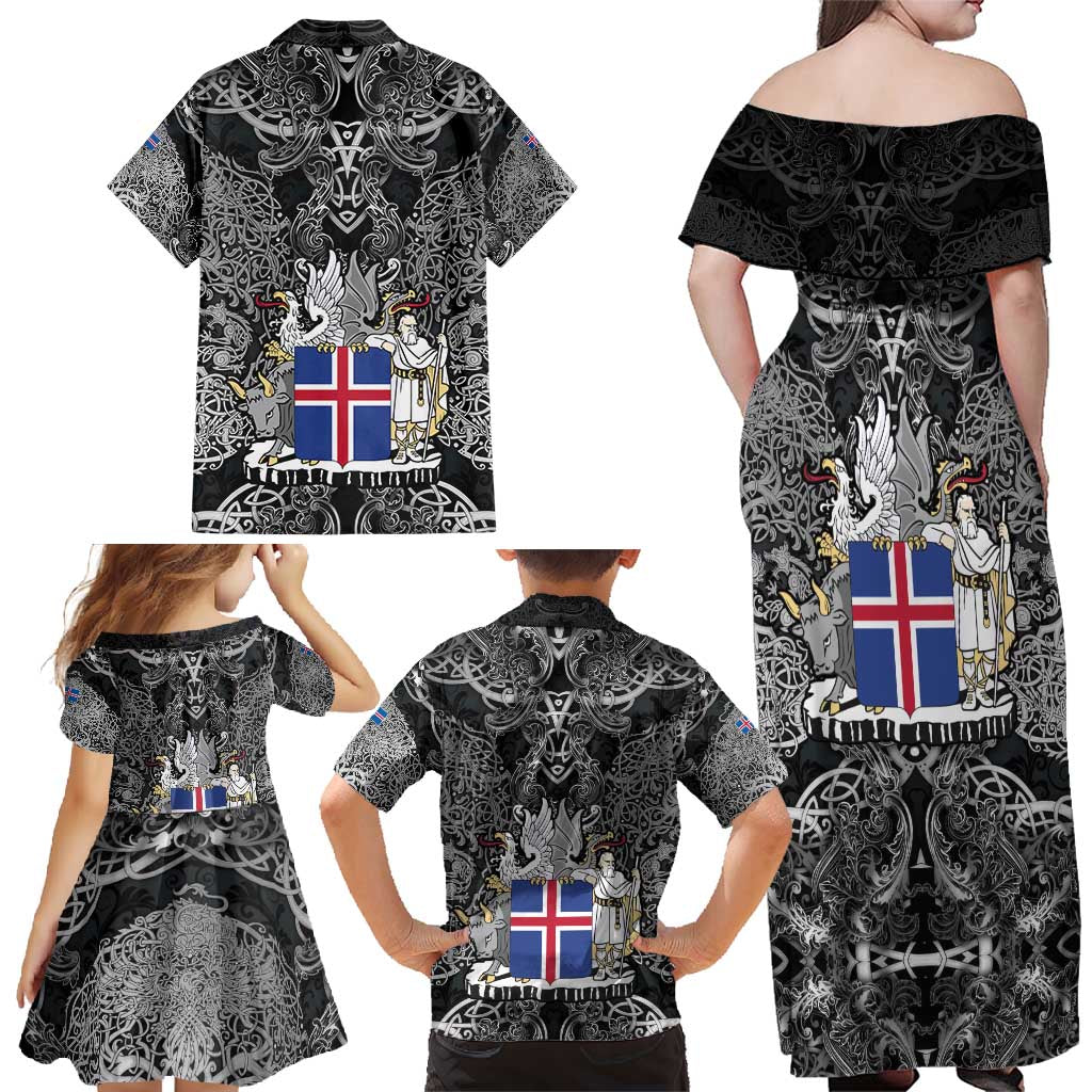 Icelandic Coat of Arms Family Matching Off Shoulder Maxi Dress and Hawaiian Shirt Viking Knotwork and National Flag Design