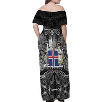 Icelandic Coat of Arms Family Matching Off Shoulder Maxi Dress and Hawaiian Shirt Viking Knotwork and National Flag Design