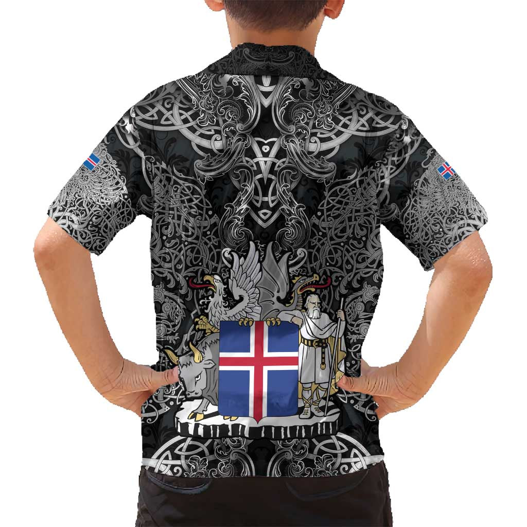Icelandic Coat of Arms Family Matching Off Shoulder Short Dress and Hawaiian Shirt Viking Knotwork and National Flag Design