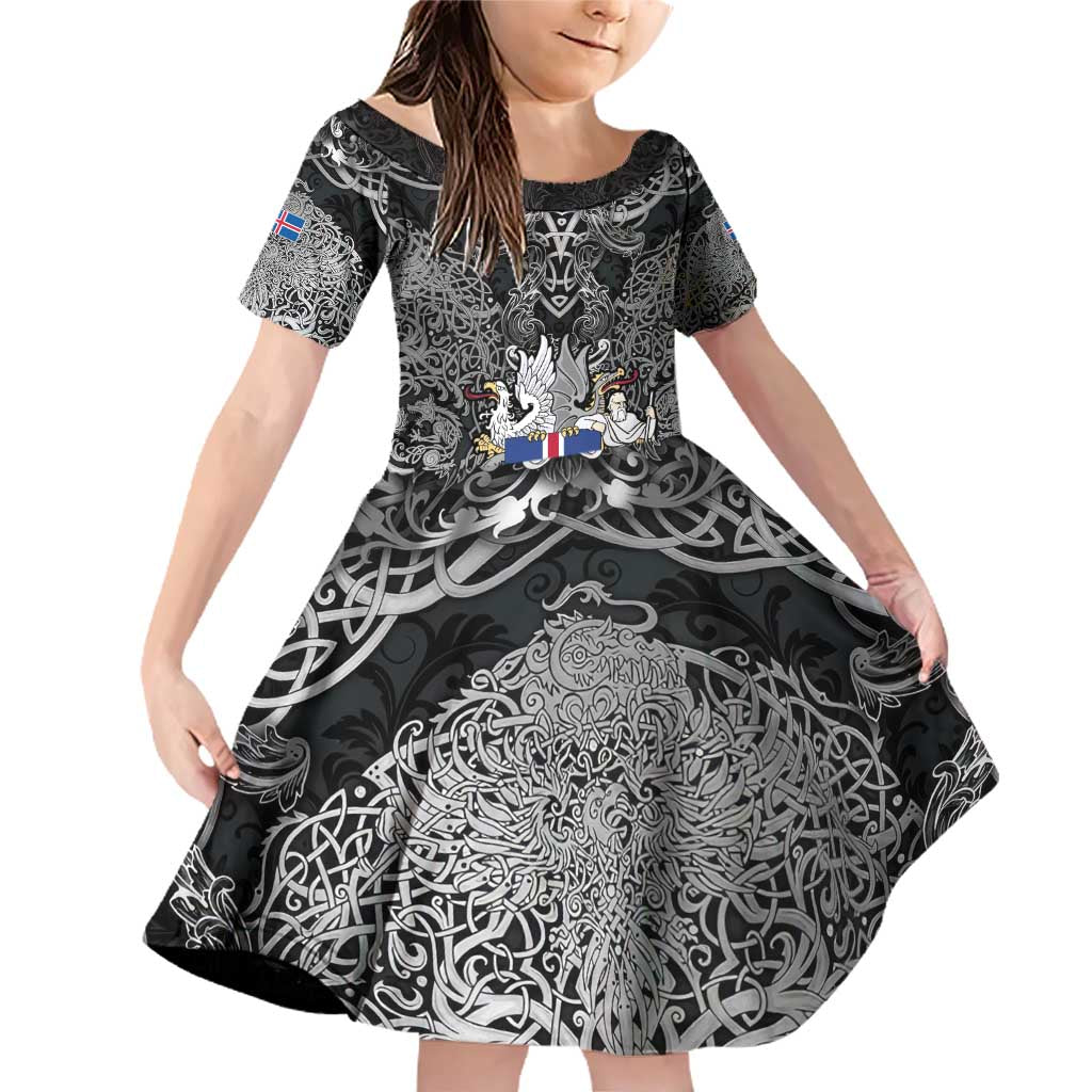 Icelandic Coat of Arms Family Matching Off Shoulder Short Dress and Hawaiian Shirt Viking Knotwork and National Flag Design