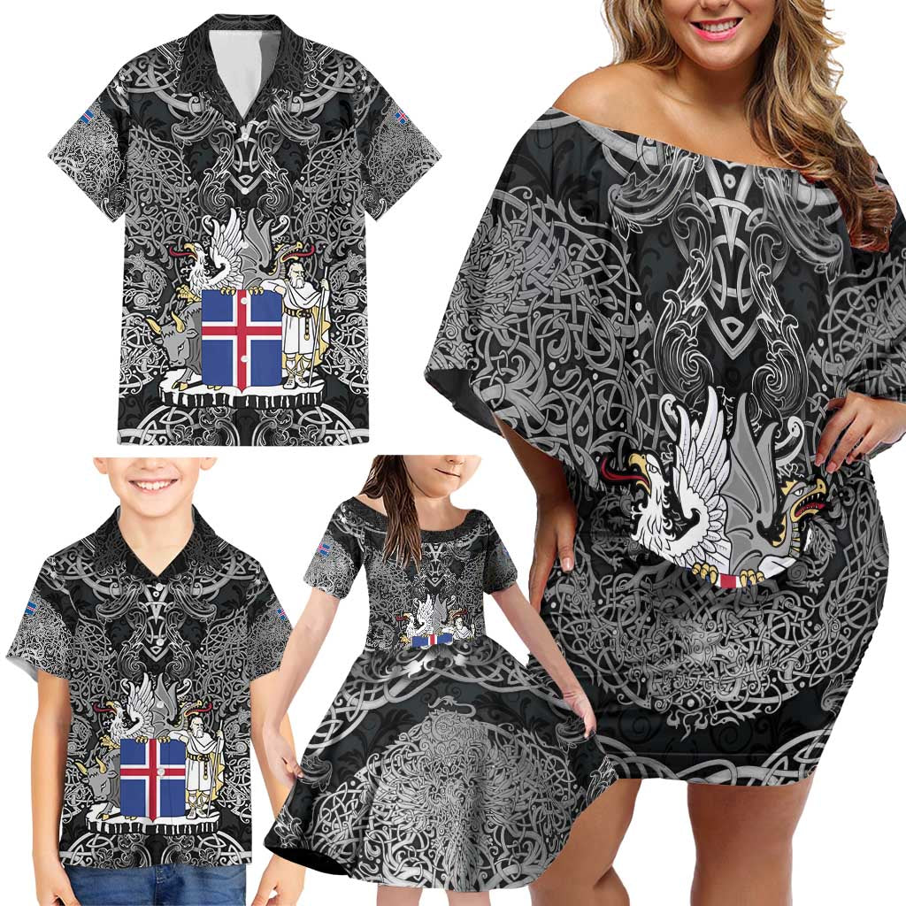 Icelandic Coat of Arms Family Matching Off Shoulder Short Dress and Hawaiian Shirt Viking Knotwork and National Flag Design