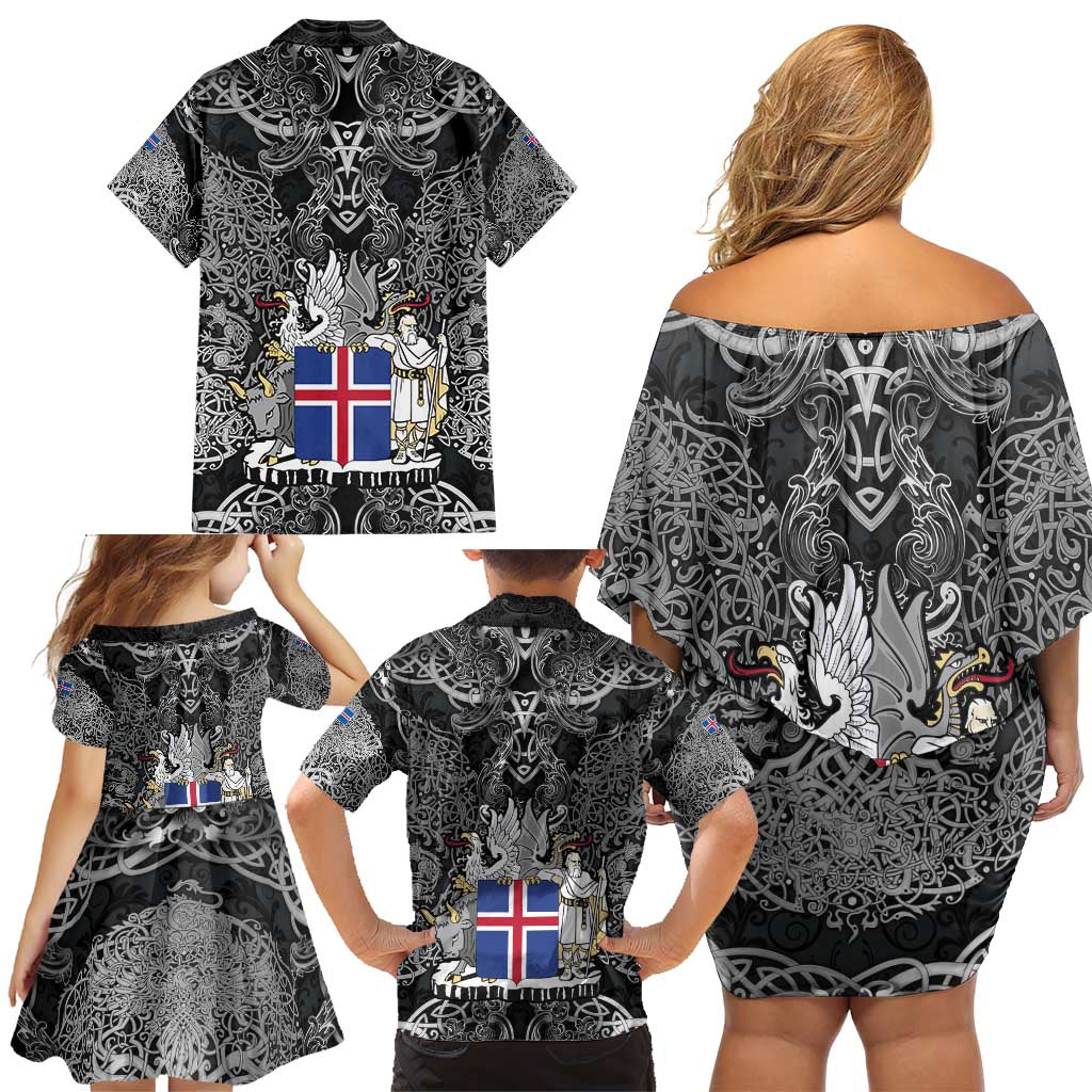 Icelandic Coat of Arms Family Matching Off Shoulder Short Dress and Hawaiian Shirt Viking Knotwork and National Flag Design